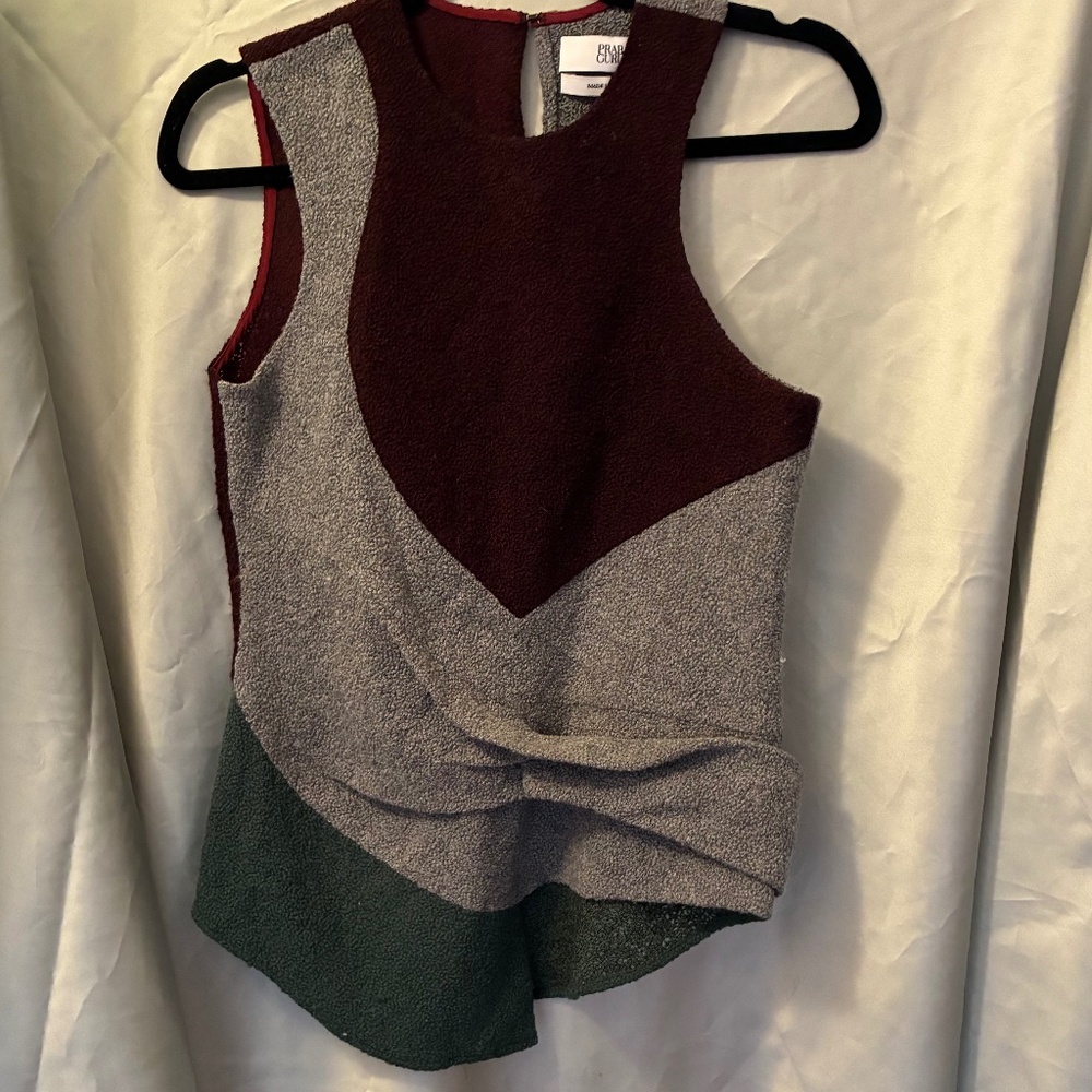 Prabal Gurung Asymmetric Wool Top Embellished Burgundy Gray Green Wool 0-2 EUC